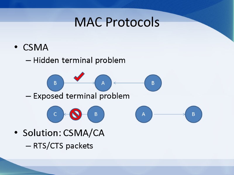 MAC Protocols CSMA Hidden terminal problem   Exposed terminal problem   Solution: